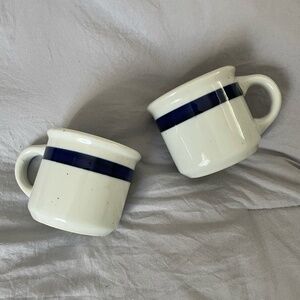 Vintage Ceramic Coffee Mugs – White with Blue Stripe – Set of 2 – Retro Style
